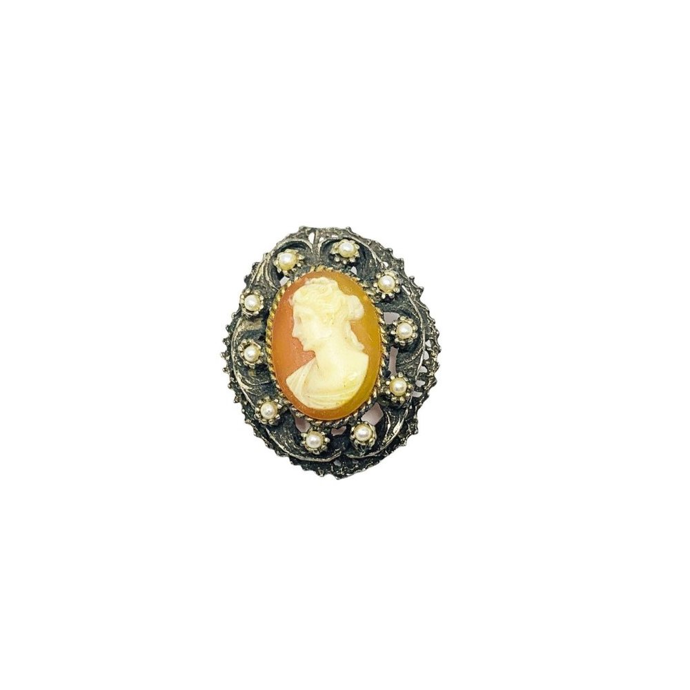 Vintage 1980s Cameo Brooch Cream Jeweled Pin